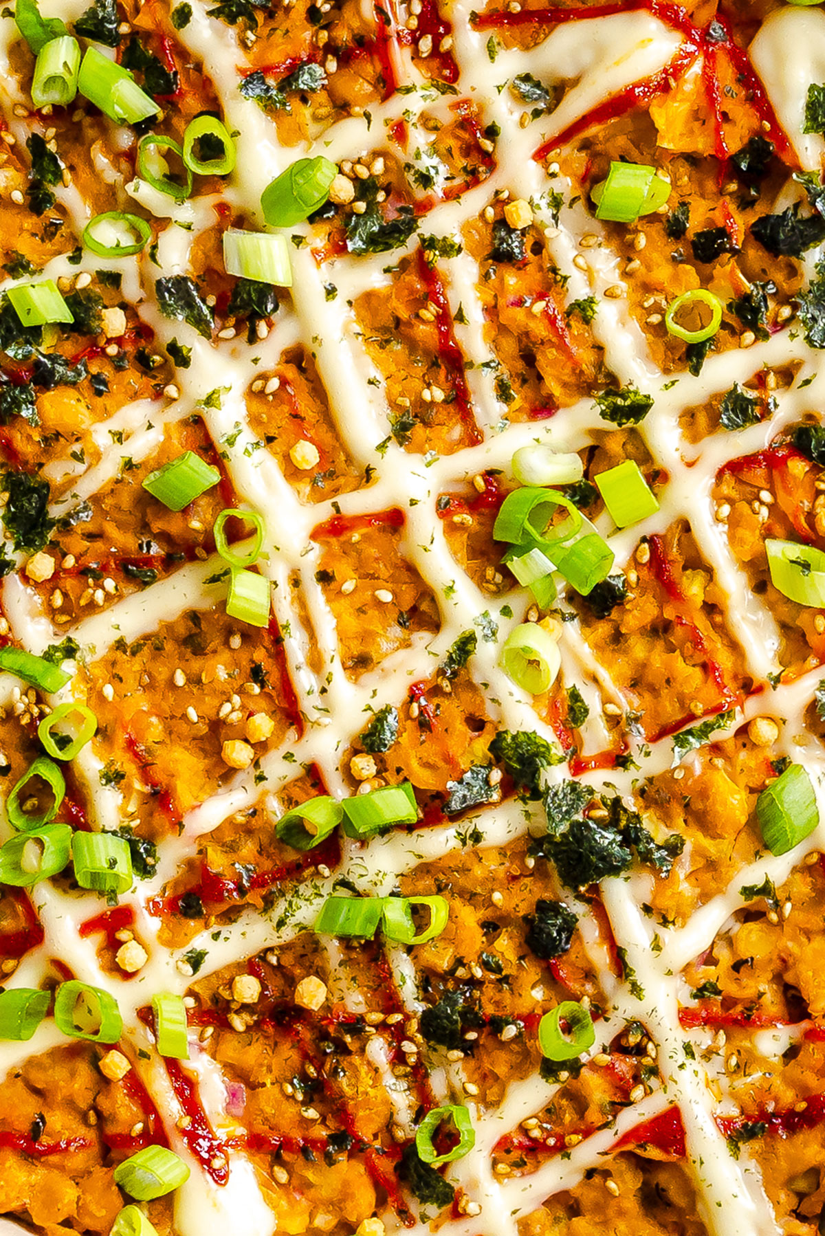 Close-up of a dish topped with white and red sauces, chopped green onions, dried seaweed, and sesame seeds arranged in a crisscross pattern.