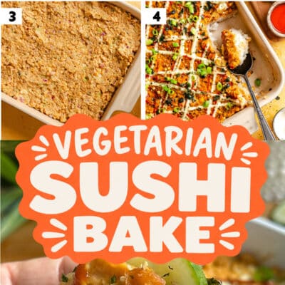 Step-by-step process of making a Vegetarian Sushi Bake, showcasing the mixing of ingredients like chickpeas, spreading the mixture in a dish, baking to perfection, and serving a sliced portion with nori sheets.