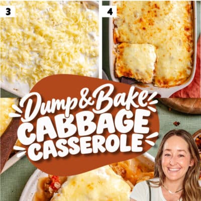 Step-by-step photos showing the process of making this easy casserole recipe, featuring a savory dump and bake cabbage casserole. In the final image, a woman proudly holds the freshly baked dish.
