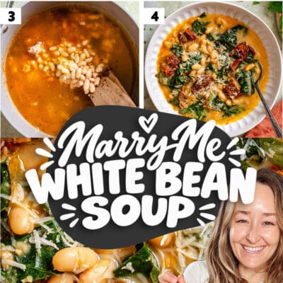 Five images show the steps to make white bean soup, including mashing beans, cooking, adding broth and kale, and serving. Text in the center reads Marry Me White Bean Soup.