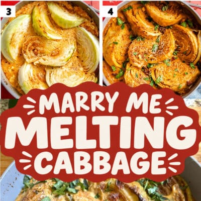 Four-step collage showing the preparation of melting cabbage for the Marry Me Melting Cabbage recipe, featuring spices, sauce, cabbage wedges, and a finished creamy cabbage dish garnished with herbs.