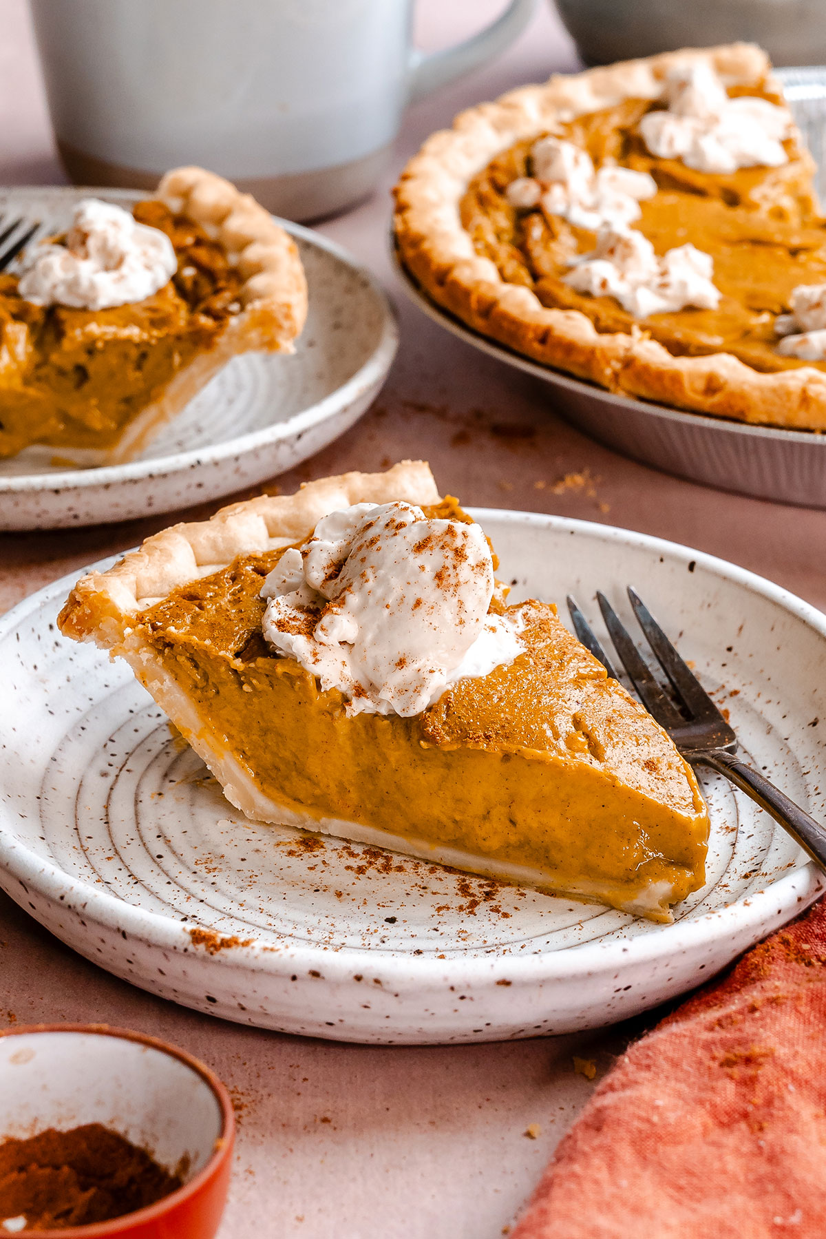 A slice of pumpkin pie topped with whipped cream and cinnamon sits on a plate with a fork. The rest of the pie and another slice are visible in the background.