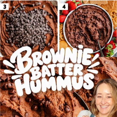 A four-step collage showing how to make brownie batter hummus, served with strawberries and pretzels, alongside a person holding a bowl of the finished dish.