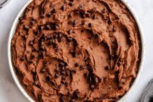 A round bowl filled with chocolate hummus topped with chocolate chips.