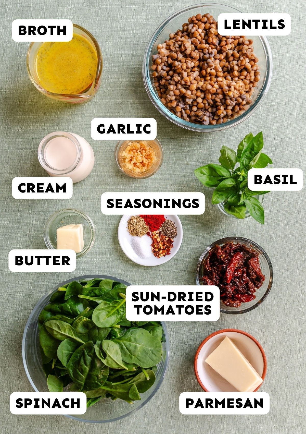 A top-down view of recipe ingredients labeled: broth, lentils, garlic, cream, basil, seasonings, butter, sun-dried tomatoes, spinach, and parmesan.
