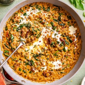 Creamy lentil stew with spinach and sun-dried tomatoes in a skillet.