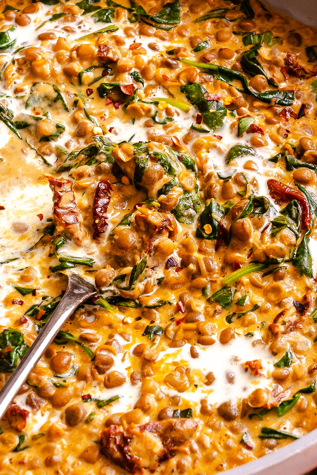 A spoon lifting a creamy lentil curry with spinach and sun-dried tomatoes from a pan.