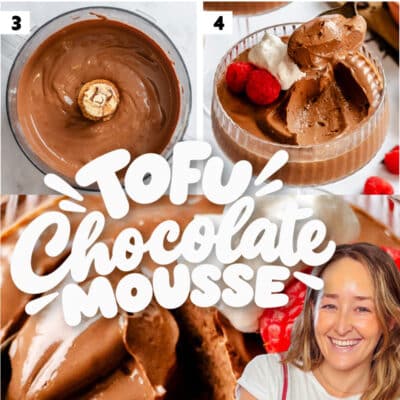 A woman holds two finished glasses of tofu chocolate mousse topped with whipped cream and raspberries in this four-step preparation guide.